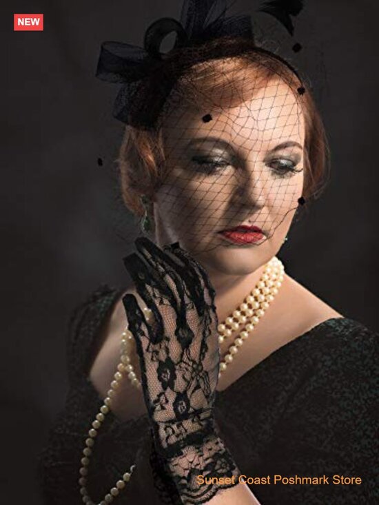 Fascinator Hat with Veil and Short Lace Gloves for Tea Party Funeral Derby main image 4